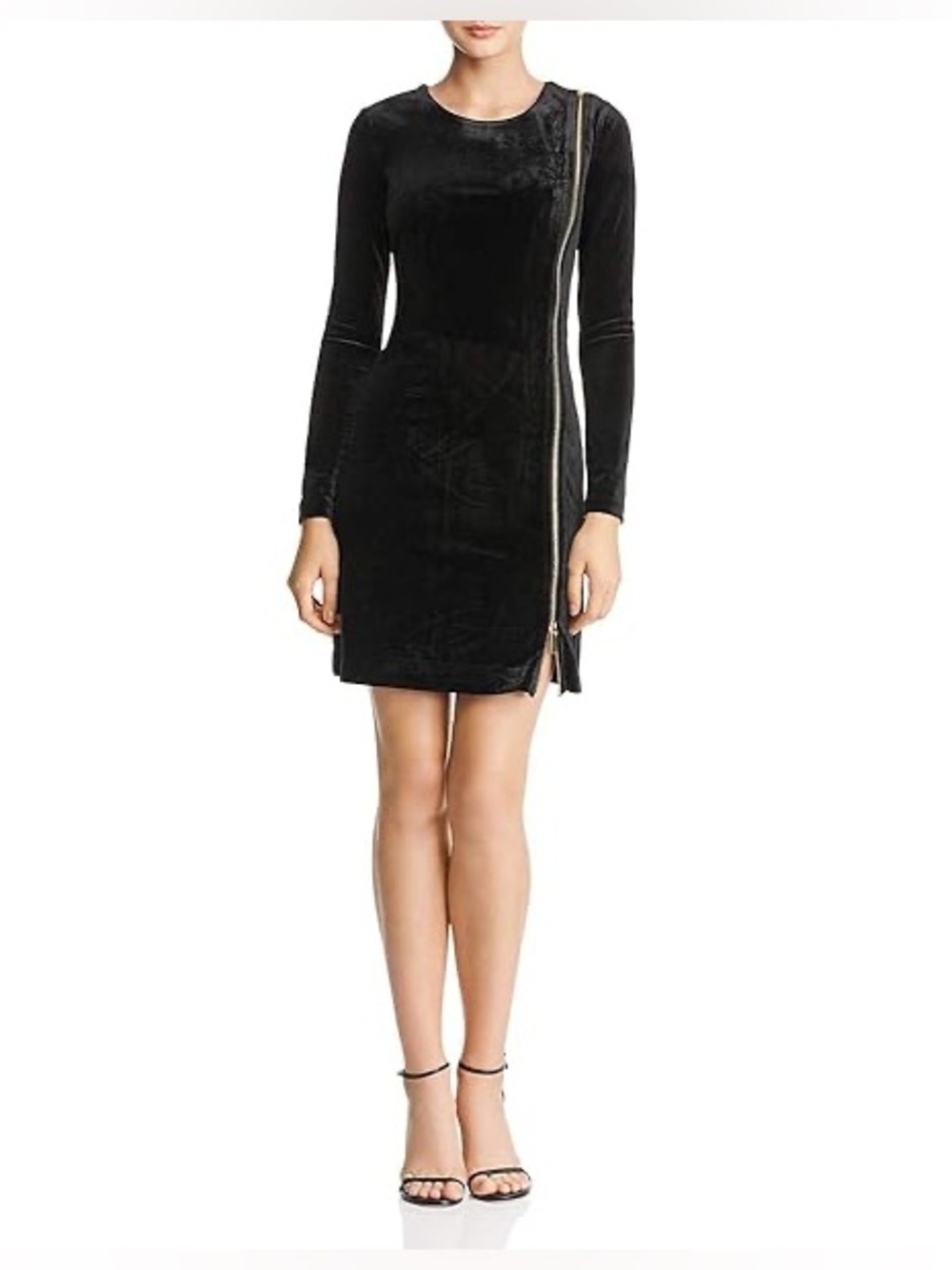 French Connection Black Velvet Mini Dress Gold Zip Slit US 10 🖤 Night Out Luxe